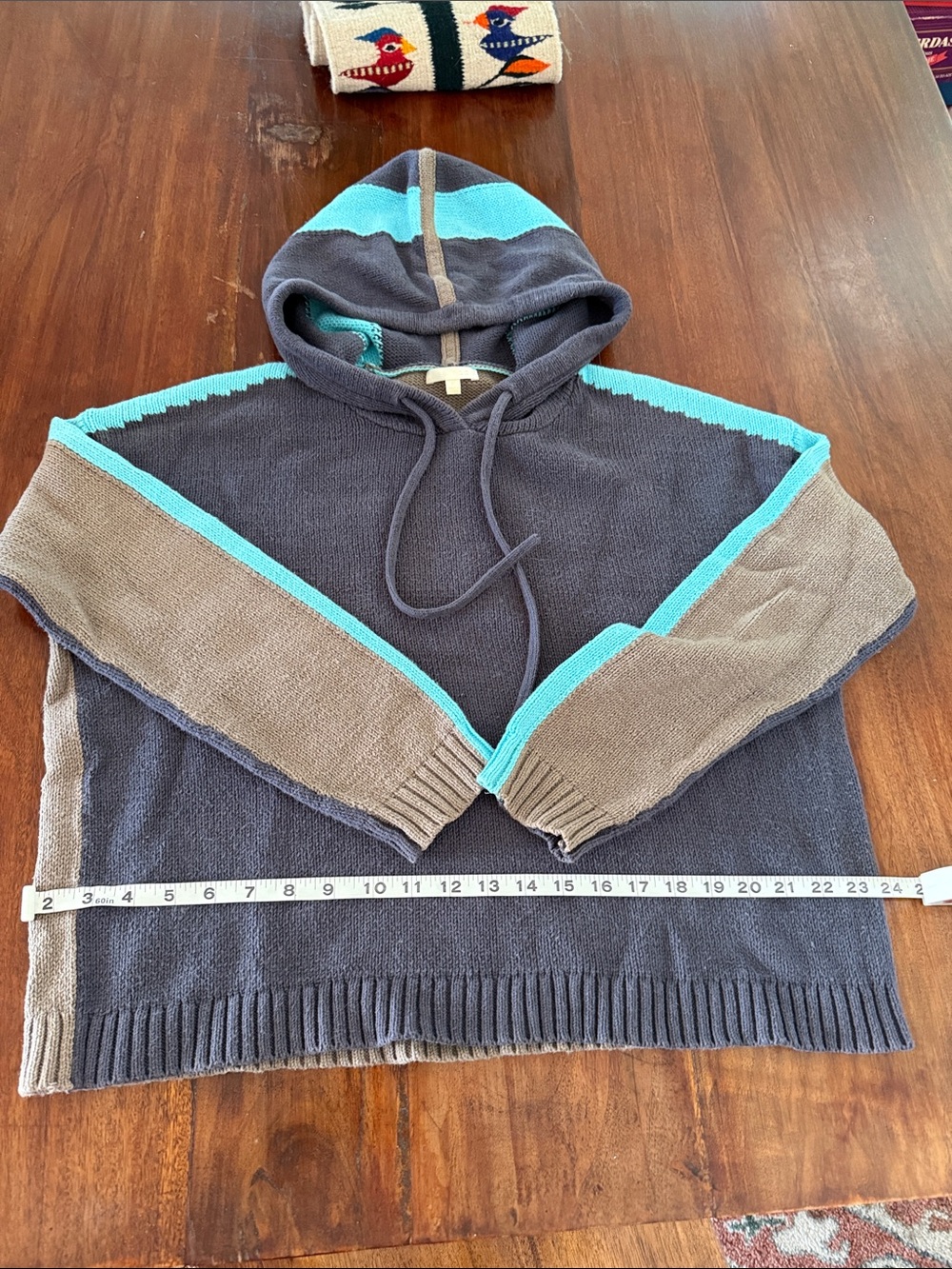Lisa Todd Colorblock Hoodie Sweater in blue-grey, taupe and baby blue trim - Sm